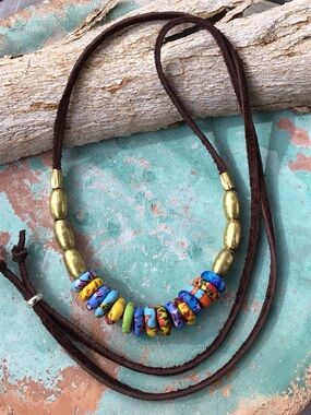 Antique Trade Beads Suede Leather Cord Sundance Charm Necklace